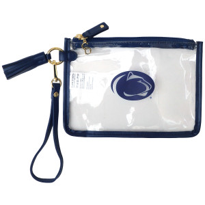 clear wristlet with navy and gold accents and screened Penn State Athletic Logo